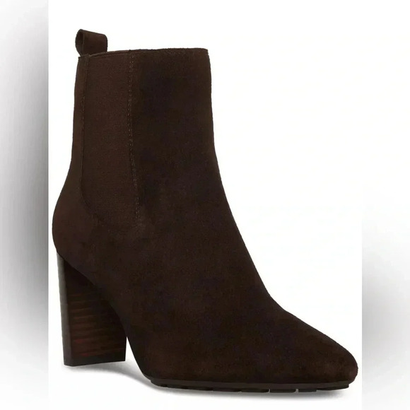 AQUA COLLEGE Womens Brown Back Pull-Tab Katlyn Stacked Heel Suede Chelsea sz 8M - Picture 1 of 3
